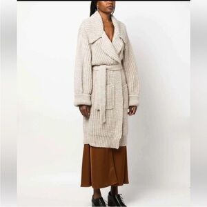 There Was One Patchwork-Effect Chunky Knit Tie-Waist Tan Cardi-Coat One Size